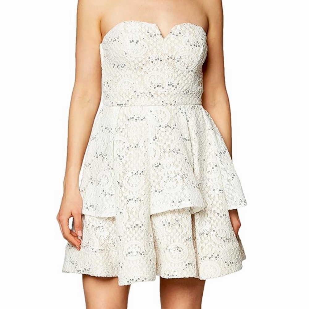 Sequin Hearts Lace White Ivory Cocktail Dress Junior Size 7 EUC RN# 39831